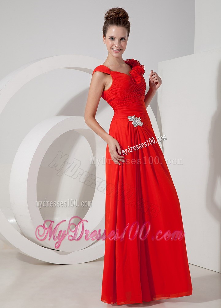 Handle Flowers Wide Straps Ruching Prom Dress with Appliques