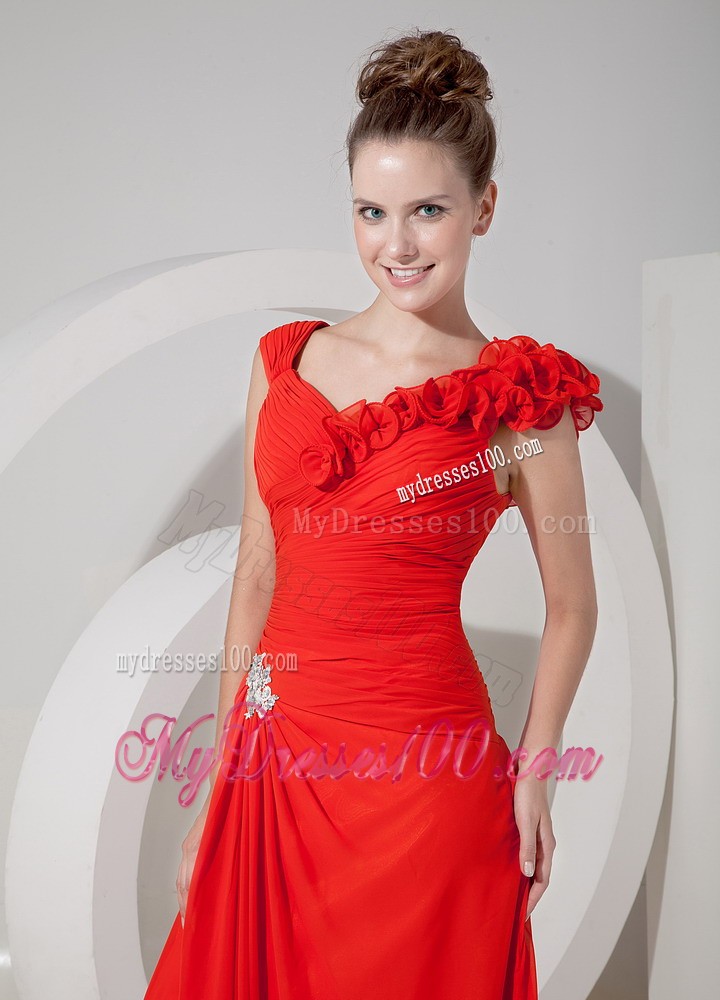 Handle Flowers Wide Straps Ruching Prom Dress with Appliques