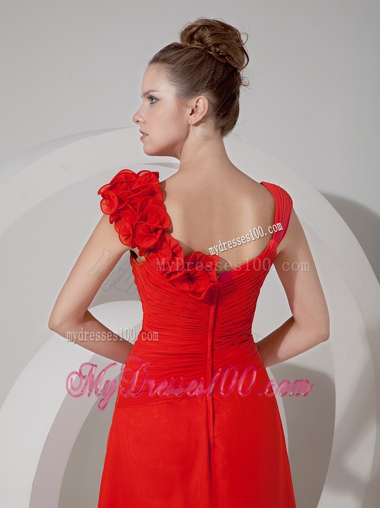 Handle Flowers Wide Straps Ruching Prom Dress with Appliques