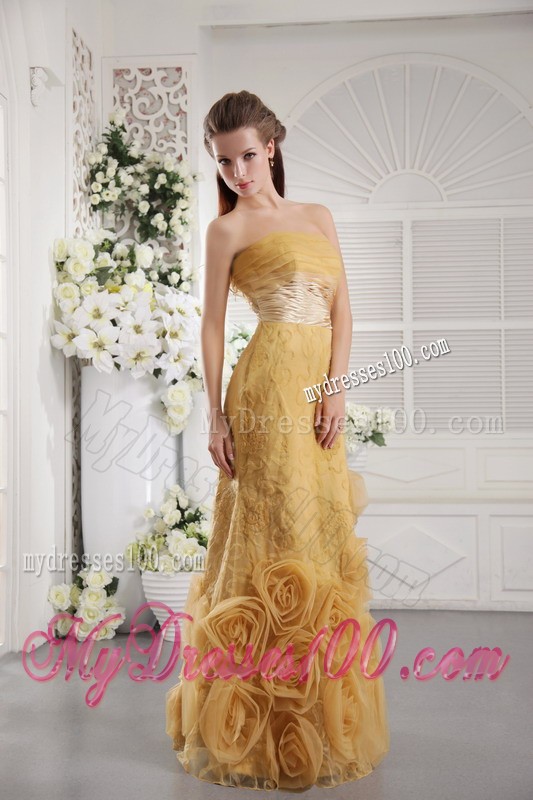 Special Embossed Fabric Ruche Rolling Flowers Gold Prom Dress