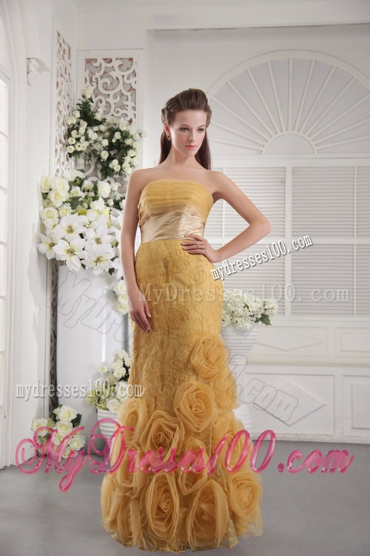 Special Embossed Fabric Ruche Rolling Flowers Gold Prom Dress