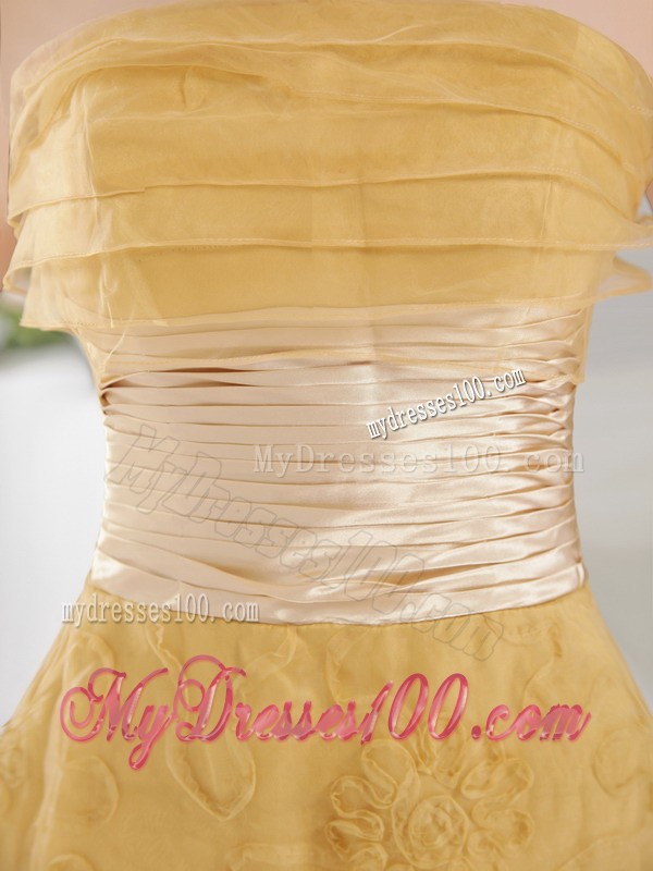 Special Embossed Fabric Ruche Rolling Flowers Gold Prom Dress