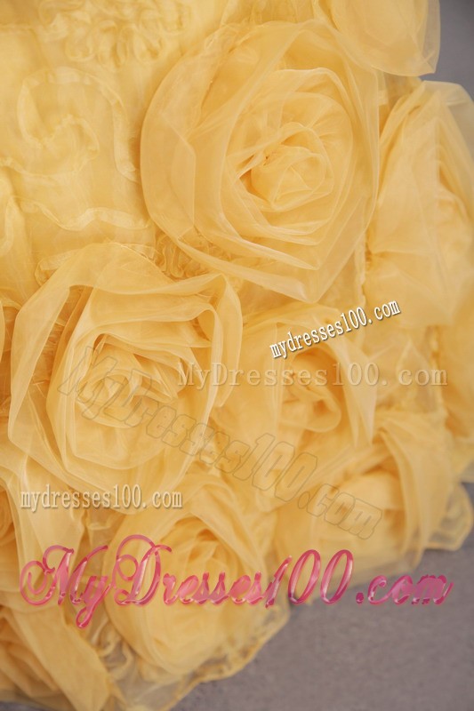 Special Embossed Fabric Ruche Rolling Flowers Gold Prom Dress