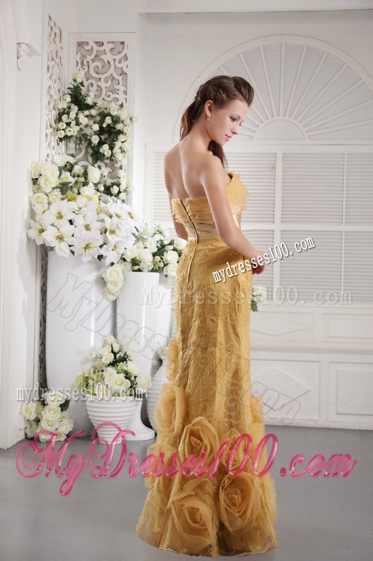Special Embossed Fabric Ruche Rolling Flowers Gold Prom Dress