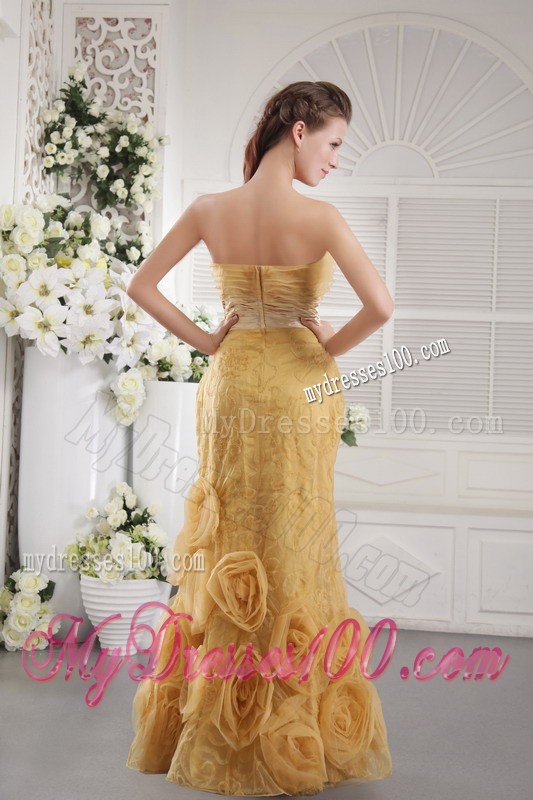 Special Embossed Fabric Ruche Rolling Flowers Gold Prom Dress
