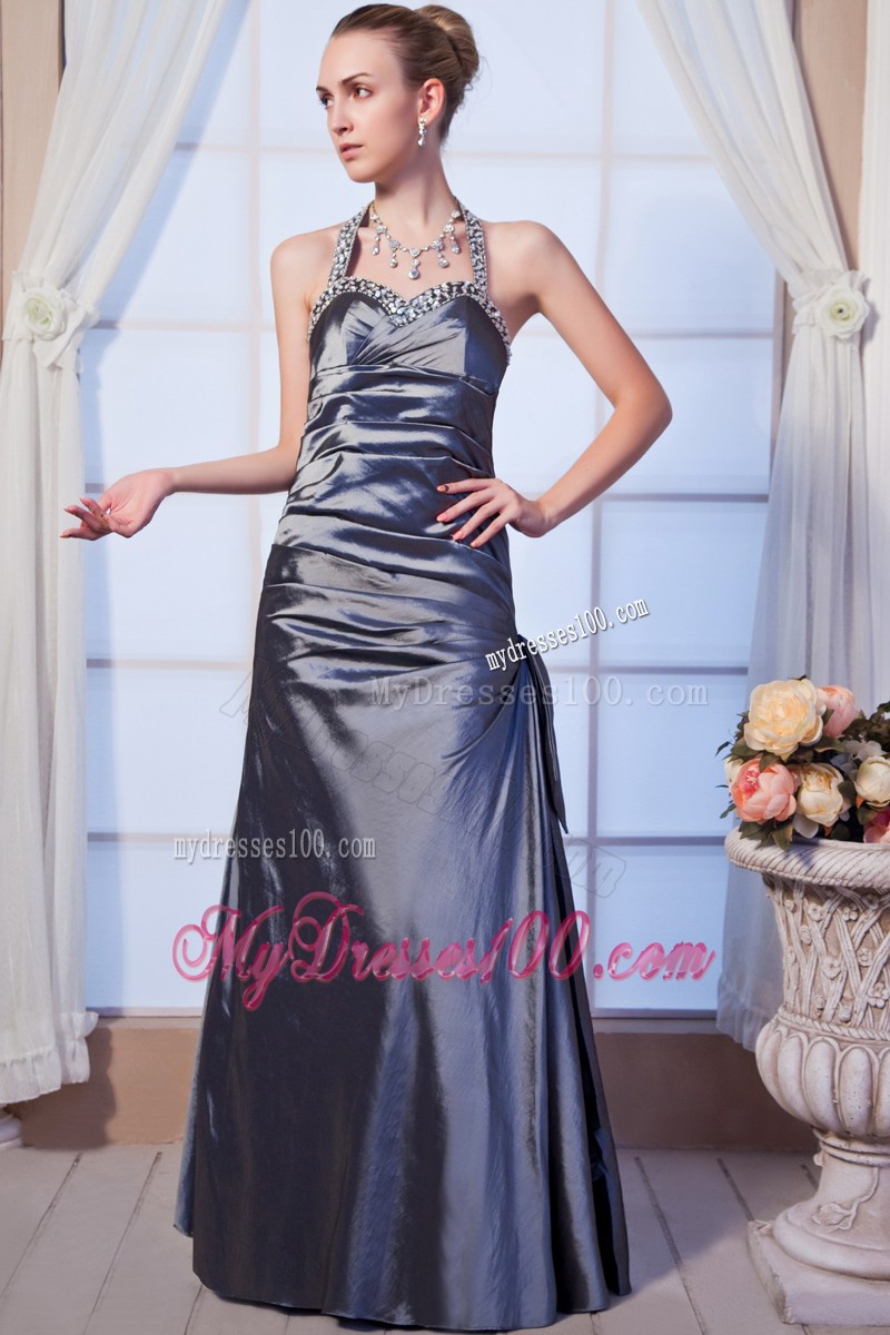 Beaded Halter Top Backless Floor-length Prom Evening Dresses