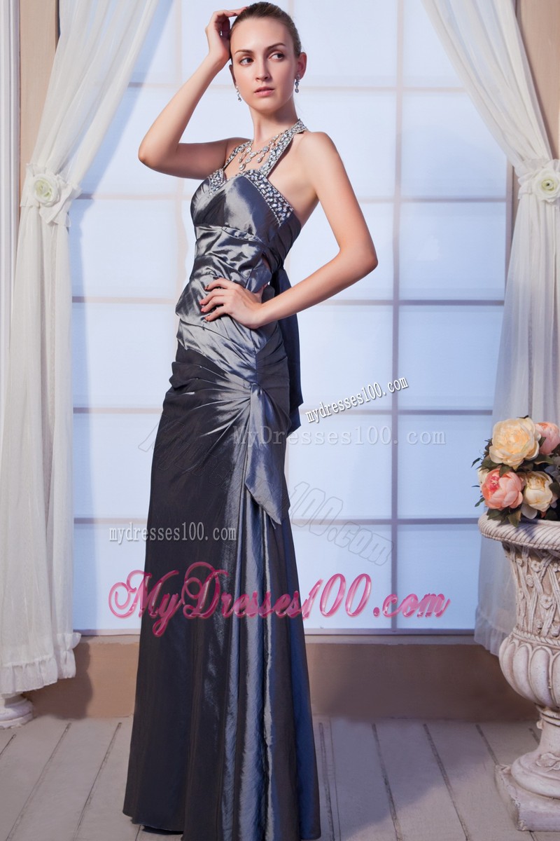 Beaded Halter Top Backless Floor-length Prom Evening Dresses