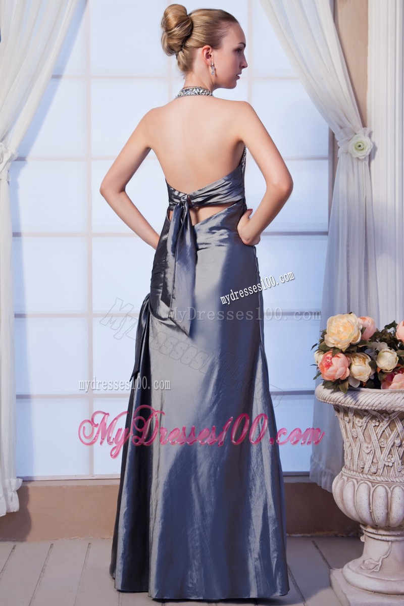 Beaded Halter Top Backless Floor-length Prom Evening Dresses