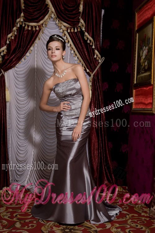Beading and Ruches Decorate Grey Column Prom Gown