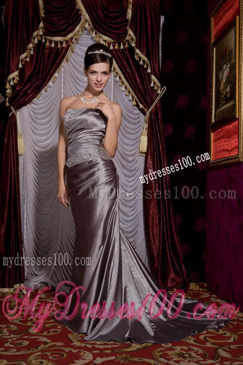 Beading and Ruches Decorate Grey Column Prom Gown