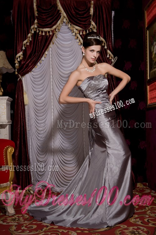 Beading and Ruches Decorate Grey Column Prom Gown