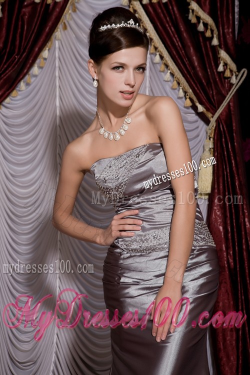 Beading and Ruches Decorate Grey Column Prom Gown