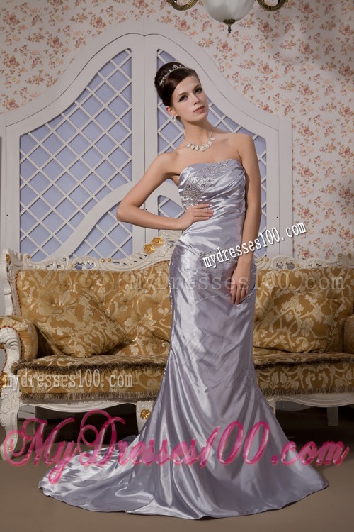 Beaded Column Silver Prom Dress with Brush Train