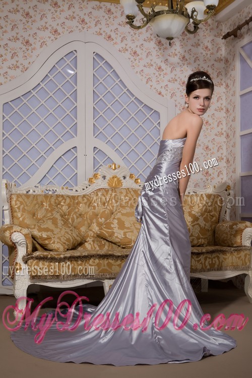 Beaded Column Silver Prom Dress with Brush Train