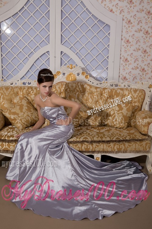 Beaded Column Silver Prom Dress with Brush Train