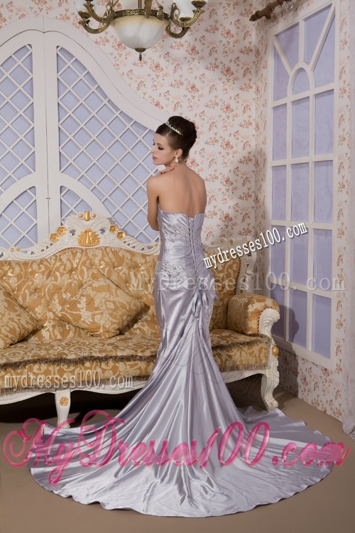Beaded Column Silver Prom Dress with Brush Train
