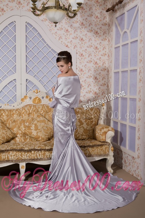 Beaded Column Silver Prom Dress with Brush Train