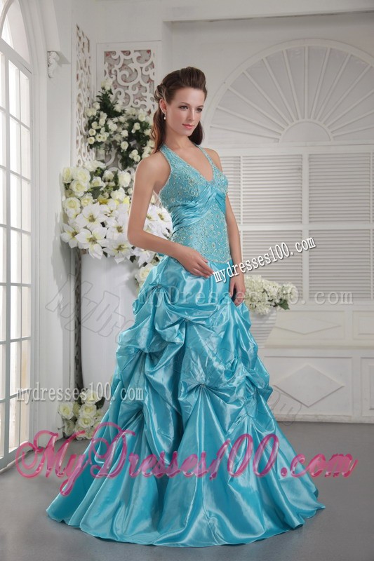 Formal Aqua Blue Prom Dress Appliques Halter Top Pick-ups Floor Length
