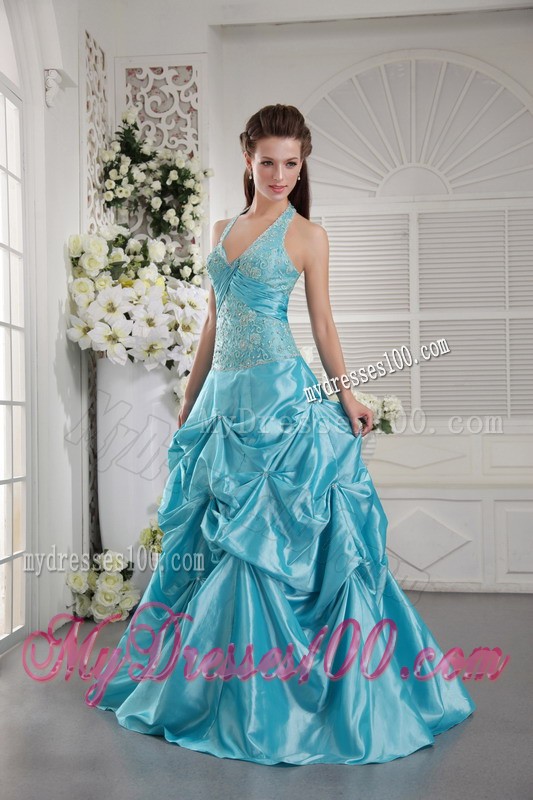 Formal Aqua Blue Prom Dress Appliques Halter Top Pick-ups Floor Length