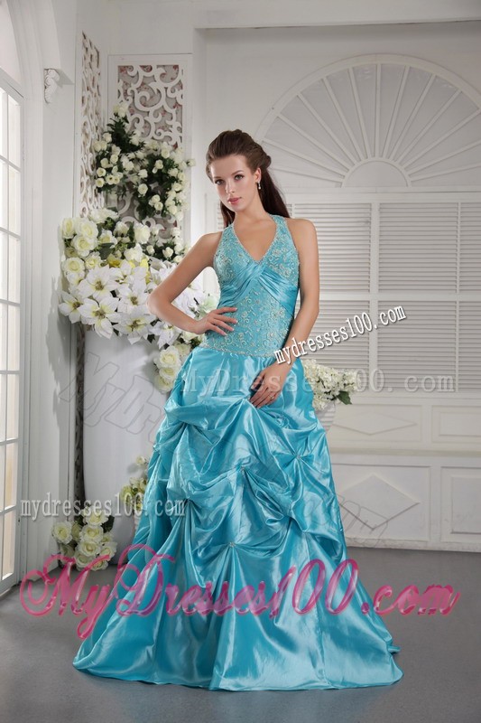 Formal Aqua Blue Prom Dress Appliques Halter Top Pick-ups Floor Length