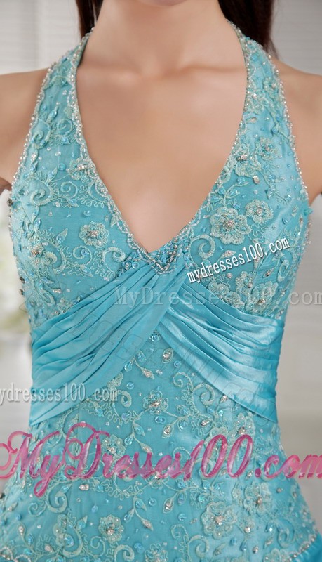 Formal Aqua Blue Prom Dress Appliques Halter Top Pick-ups Floor Length