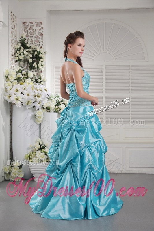 Formal Aqua Blue Prom Dress Appliques Halter Top Pick-ups Floor Length