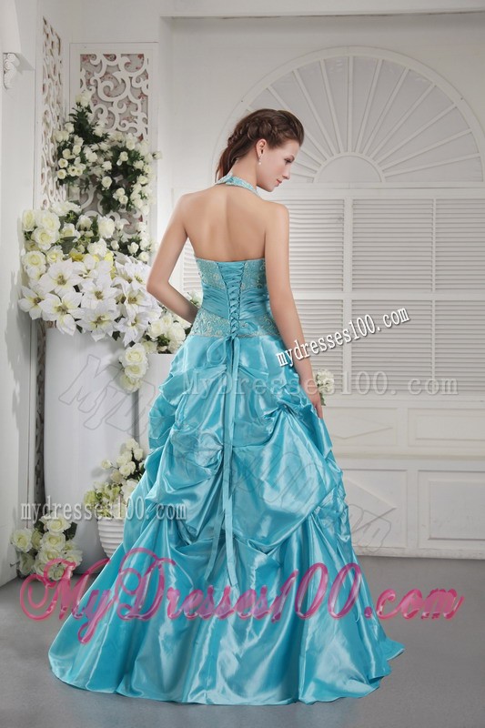 Formal Aqua Blue Prom Dress Appliques Halter Top Pick-ups Floor Length