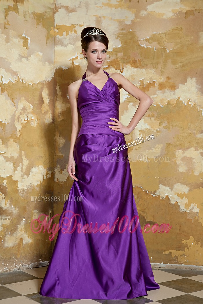 Straps Beaded and Ruched Eggplant Purple Prom Dresses