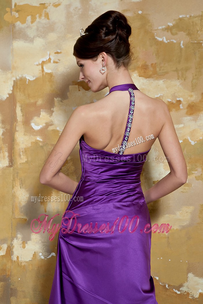 Straps Beaded and Ruched Eggplant Purple Prom Dresses