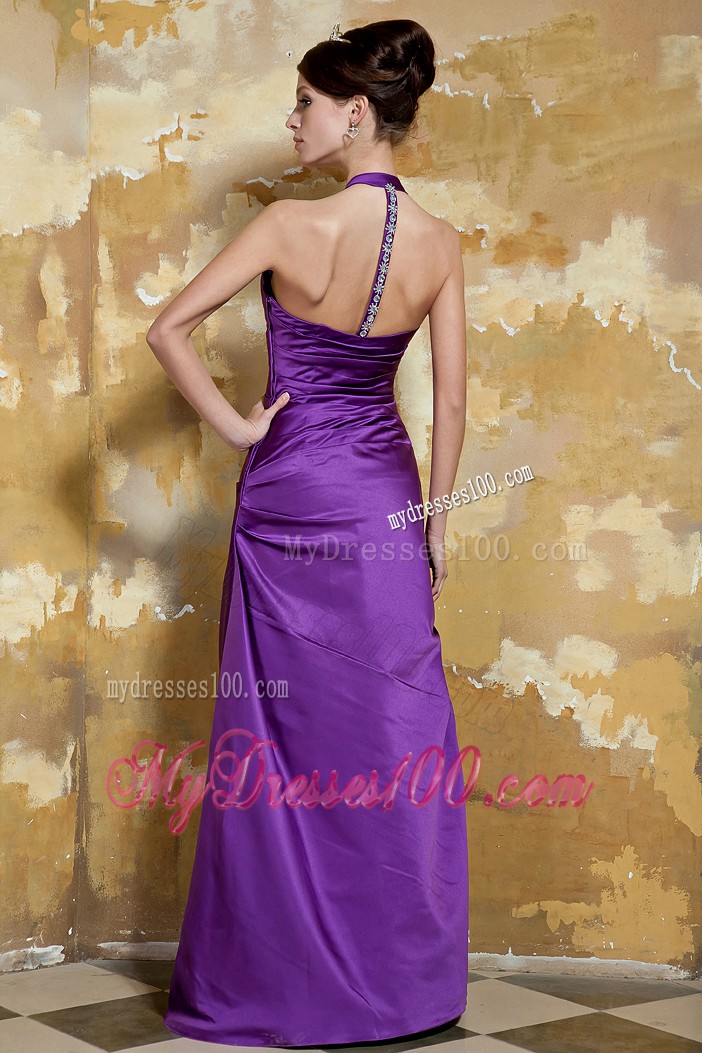 Straps Beaded and Ruched Eggplant Purple Prom Dresses