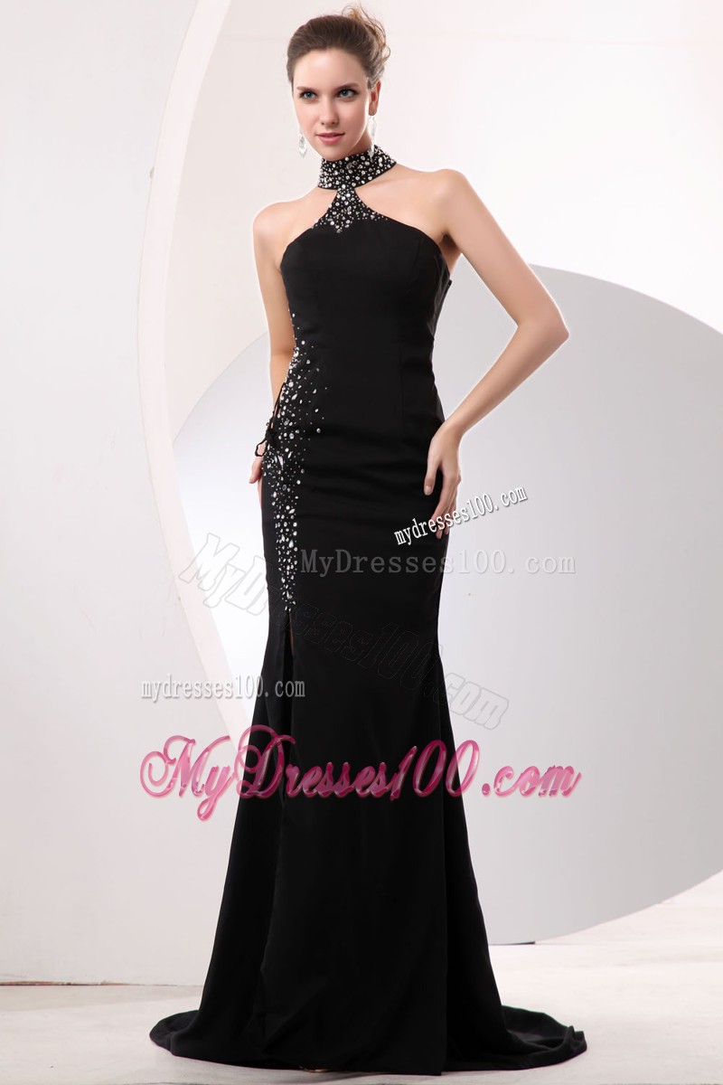Black Beaded High-neck Court Train Dresses for Prom with Cut Out Straps Back