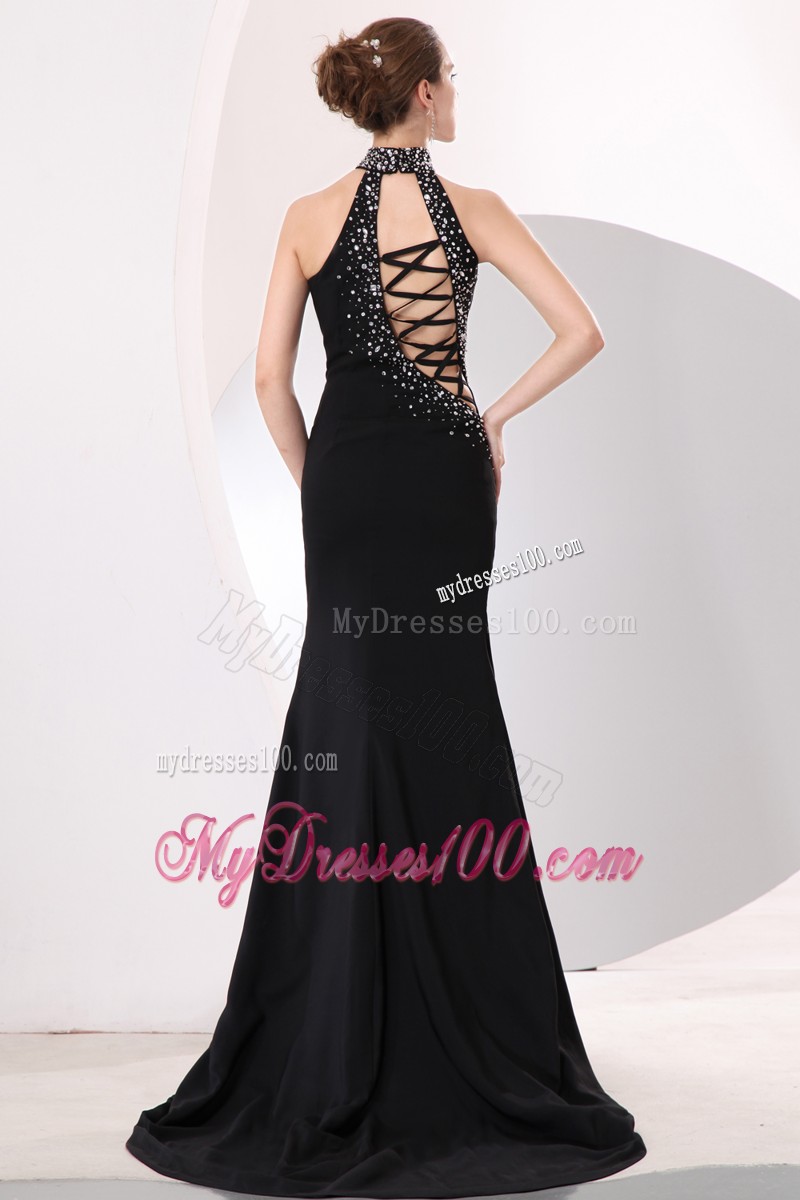 Black Beaded High-neck Court Train Dresses for Prom with Cut Out Straps Back
