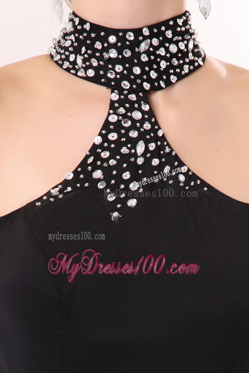 Black Beaded High-neck Court Train Dresses for Prom with Cut Out Straps Back
