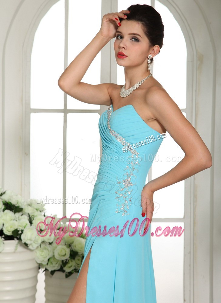 Diamond and Ruching Decorated Chiffon Prom Dress with High Slit