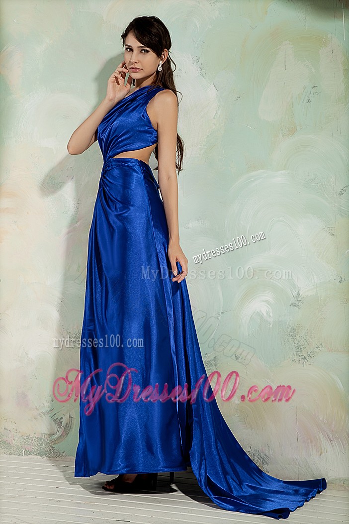 Beaded One Shoulder Dress for Prom with Covered Back and Watteau Train