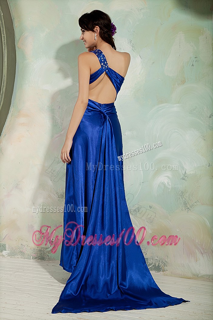 Beaded One Shoulder Dress for Prom with Covered Back and Watteau Train