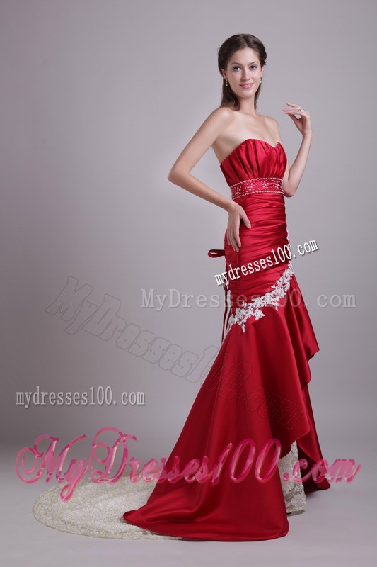 Modernistic Ruche Appliques Lace Court Train Red Prom Dresses