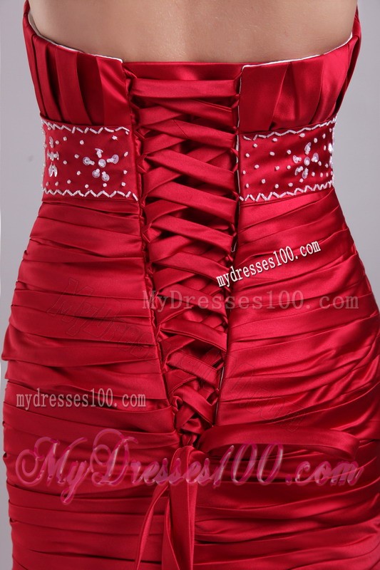 Modernistic Ruche Appliques Lace Court Train Red Prom Dresses