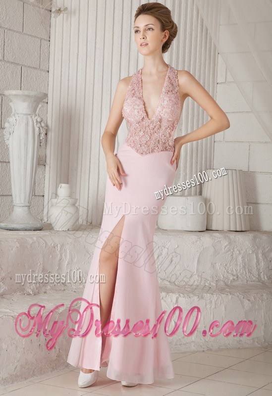 Halter Top Floor Length Criss Cross Back Prom Dress for Girls in Pink