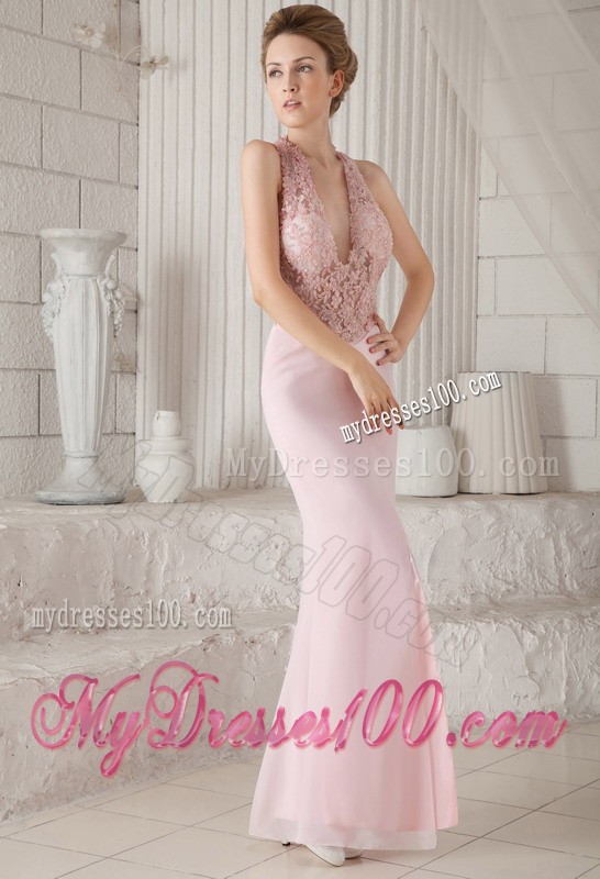 Halter Top Floor Length Criss Cross Back Prom Dress for Girls in Pink