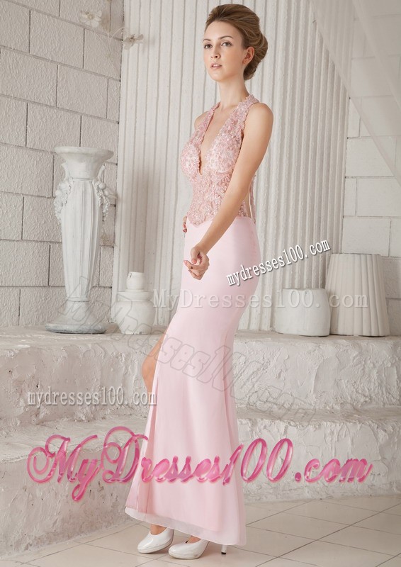 Halter Top Floor Length Criss Cross Back Prom Dress for Girls in Pink