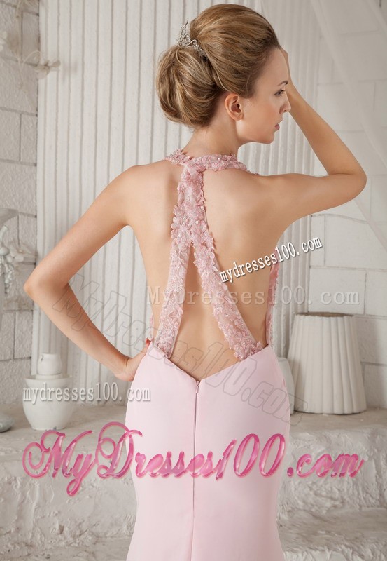 Halter Top Floor Length Criss Cross Back Prom Dress for Girls in Pink
