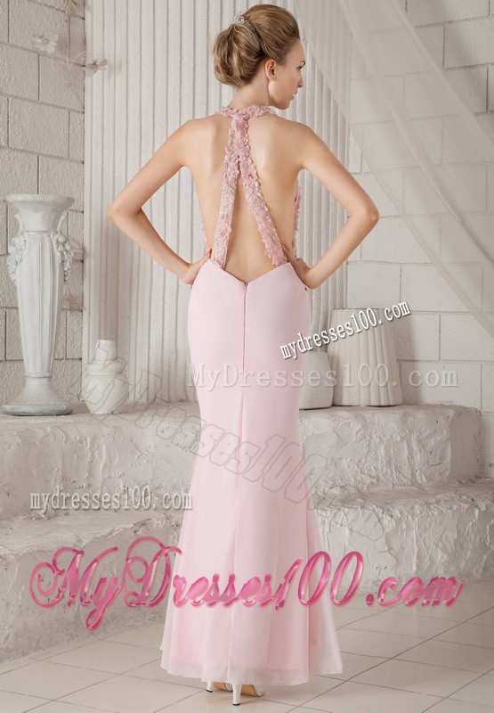 Halter Top Floor Length Criss Cross Back Prom Dress for Girls in Pink