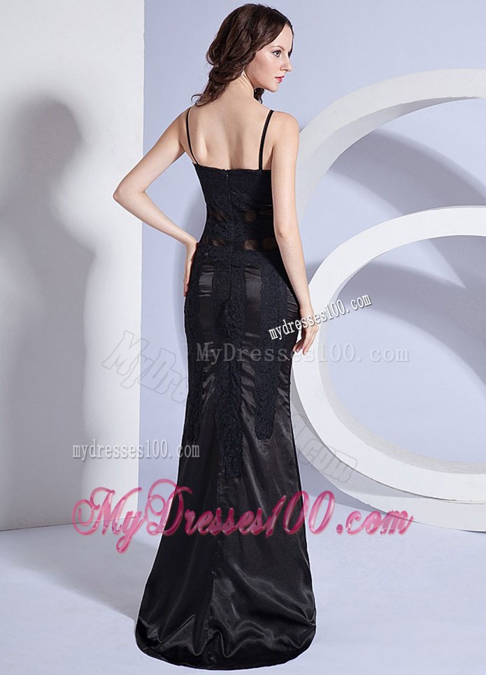Asymmetrical Spaghetti Straps Prom Gown in Black With Sheer Waist