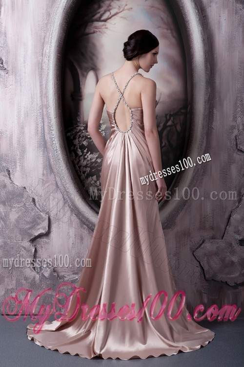 Criss Cross Back Straps Light Pink Sweep Train Prom Dress