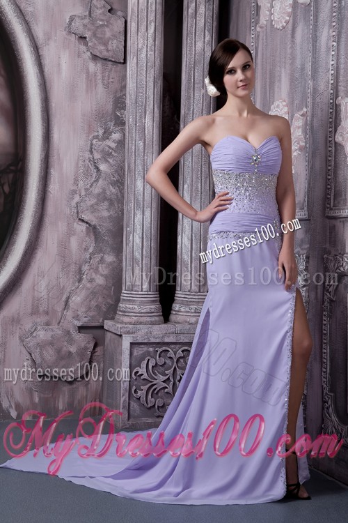 Court Train Lilac Prom Dress with Beading and Side Slit