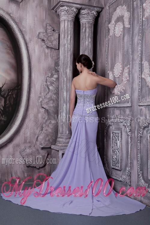 Court Train Lilac Prom Dress with Beading and Side Slit