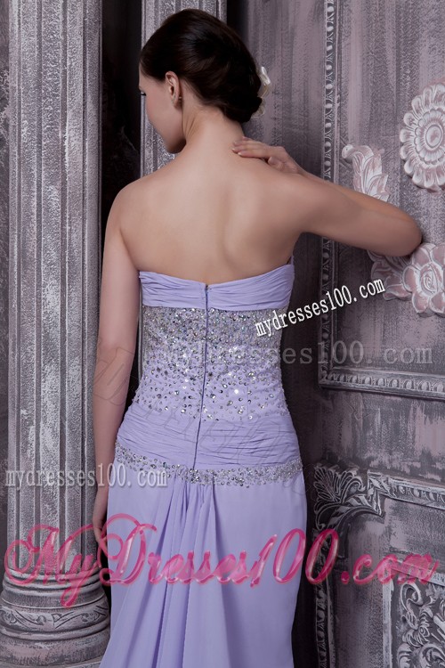 Court Train Lilac Prom Dress with Beading and Side Slit