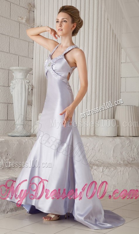 Lilac Straps Beaded Sweep Train Criss Cross Back Prom Gown Dresses