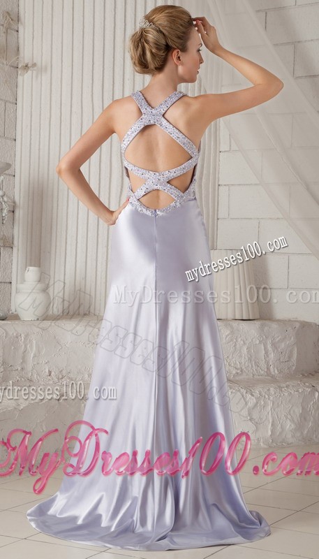 Lilac Straps Beaded Sweep Train Criss Cross Back Prom Gown Dresses